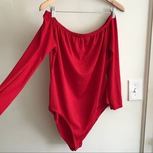 Red Boohoo Off The Shoulder Ribbed Bodysuit
